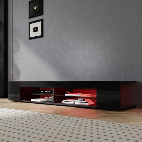 SIRHONA Meuble TV Noir, Meuble Tele avec LED, Éclairage LED RGB avec Couleur réglable, avec Étagères Ouvertes en Verre, 180x39x30cm, Convient pour Salon ou Chambre