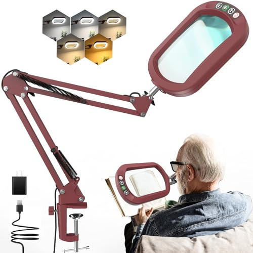 12X Lupe mit Licht und Klemme, Echtes Glas Ständer-Beleuchtung Lupe, 5 Farbmodi und stufenloser Dimmbarkeit LED Schreibtischlampe Freihändige für Handwerk Hobbys Lesen Malen Nähen und Naharbeit - Rot