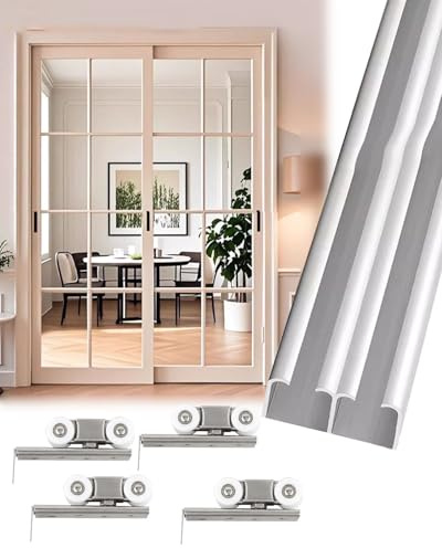 Kit Puerta Corredera Kit de Rieles para Puertas Corredizas de Bolsillo de 2.1m 2.4m 2.7m 3.0m, Kit de Puerta Doble Tipo Granero Plateada de 1,5m y 2m, Riel para Puerta Corrediza de Paso.(6.6ft/2m)