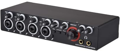 4 Channels Recording Sound Card with Driver Audio Interface, 4-in 4-out USB Sound Card 24 bit/192khz 48V Phantom Power Supply for Professional Recording of Live Streaming Karaoke, Black