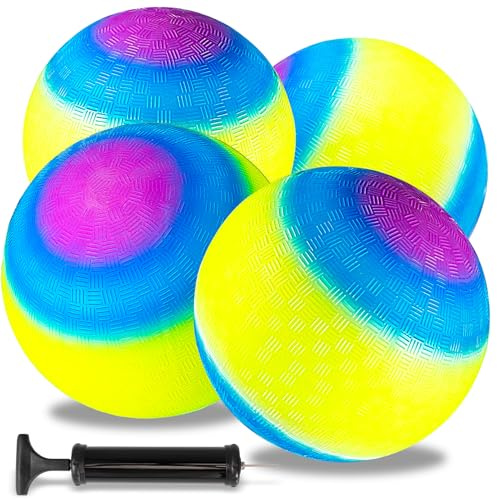 Incisite 4 Pcs Rainbow Playground Balls with 1 Hand Pump, 8.5 Inch/21.6 cm Neon Sports Balls, Inflatable Multi Colors Kick Ball Handball, Colorful Rubber Dodgeballs for Adults Indoor Outdoor Games Use