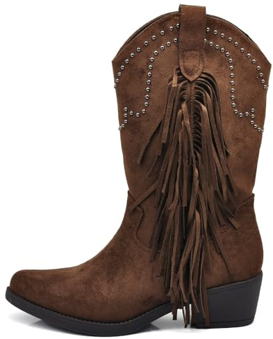 IF Texani Cowboy Western Scarpe da Donna Stivali Stivaletti Frange Borchie Camperos Etnici KL995 Brown N.36