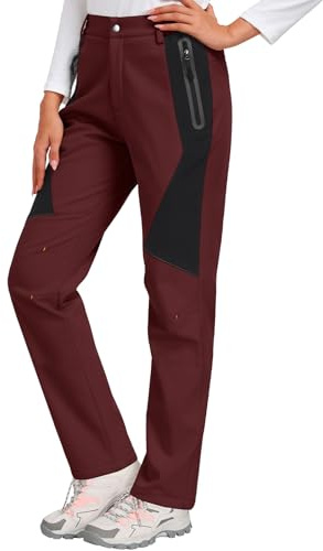 PASUDA Womens Waterproof Trousers Walking Hiking Fleece Lined Pants Winter Thermal Windproof Softshell Fishing Ski Snow Outdoor Pant Ladies Overtrousers with Zipper Pockets(Wine red,XL)