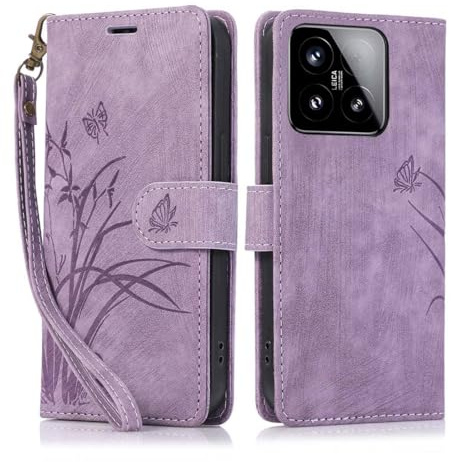 KQXG Case for Xiaomi 15T – Premium Synthetic Leather Wallet Cover, Magnetic Flip, Foldable Kickstand, Full Protection, Card Slots, Butterfly & Orchid Design -Purple