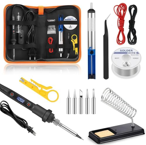Kit de soudure 80W LCD, température réglable 180-500°C, 5 pointes, 50g fil à souder, pompe à dessouder, support de fer, pince, outils complets pour électronique et réparations
