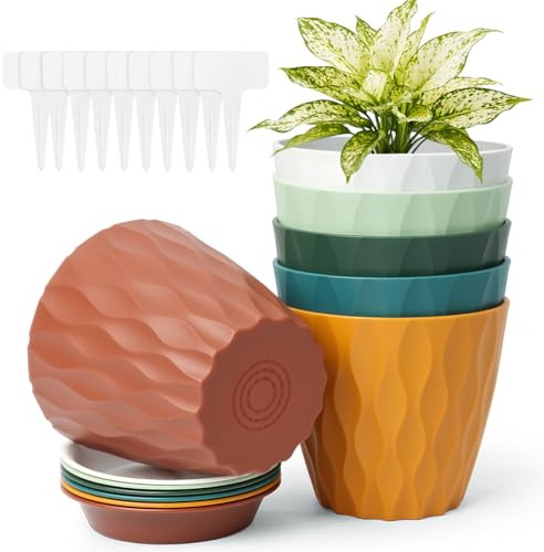 vsshe Plant Pots, 6 Pack 10cm Plastic Flower Pots with Drainage Holes and Saucers, 3D Modern Wave Texture, Modern Decorative Planter Pot, Indoor Outdoor Planters for Monstera Geranium All House Plants
