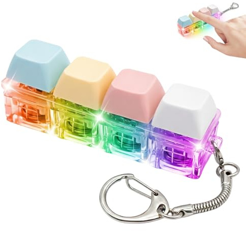 4 Button Keyboard Fidget Toy, Funny Fidget Keyring with LED Light, Mini Finger Keyboard Caps, Light Up Keychain Keyboard Decompression Toys to Relieve Stress Pass the Time
