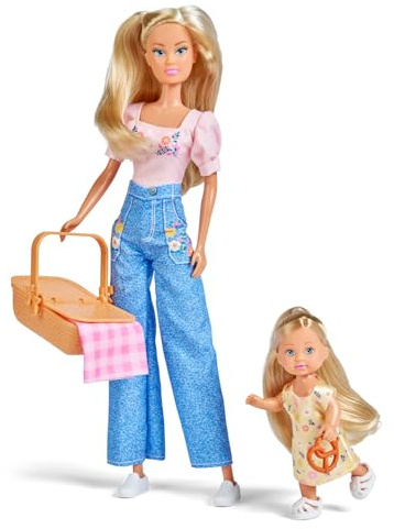 Simba Steffi Love Picnic – Steffi (29 cm) & Evi (12 cm) beim Picknick, inkl. Picknickkorb, Decke & Zubehör, liebevolles Puppenset für Kinder ab 3 Jahren