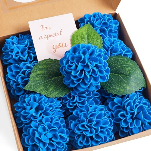 XIANNVXI 12 unidades de flores artificiales azules dalias flores artificiales de espuma azul hortensias falsas flores decorativas crisantemos jarrones para arreglos florales, bodas, ramo de novia, 6