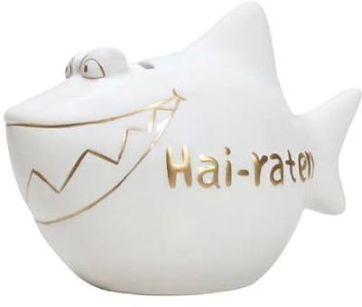 DEKO IM TREND Hai-raten XXL Spardose aus Keramik – Lustiges Hochzeitsgeschenk für Ehepaare & Brautpaar – Große Spardose zur Hochzeit Geldgeschenk Verpackung, Weiß Gold, 28x21x17 cm