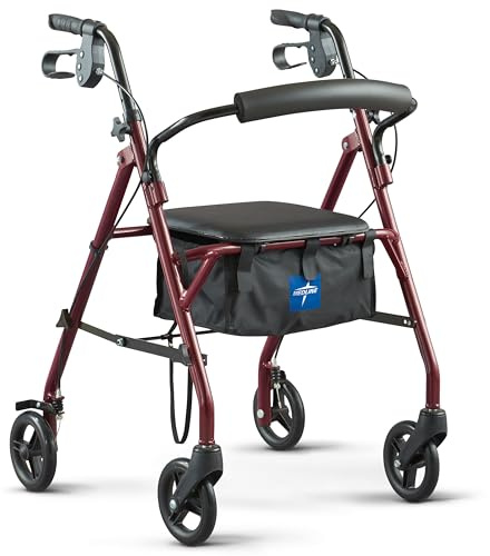 Medline Steel Rollator Walker with Seat, Burgundy, 350 lb. Weight Capacity, 6” Wheels, Foldable, Adjustable Handles, Rolling Walker for Seniors, Walker for Mobility Impaired