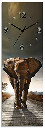 ARTLAND Wanddeko Wanduhr ohne Tickgeräusche Glas Funkuhr 20x60 cm Rechteckig Lautlos Afrika Tiere Elefant Safari Natur Sonne Kolonialstil T9QO