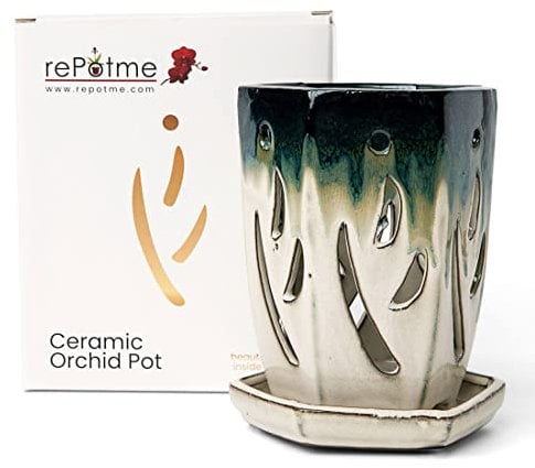 rePotme Vaso per orchidee in ceramica (smeraldo sempreverde su crema), 10 x 15 cm, vaso esagonale per orchidee con fori