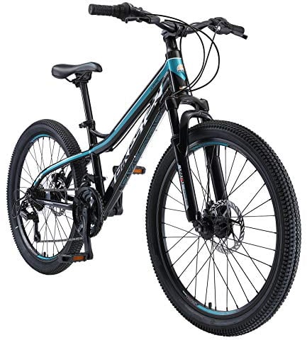 BIKESTAR Alu Mountainbike Jugendfahrrad 24 Zoll ab 9-14 Jahre Hardtail | 21 Gang Shimano Schaltung, Scheibenbremse, Federgabel | Kinder Fahrrad Schwarz & Blau | Risikofrei Testen