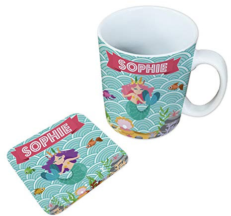 MakeThisMine Ensemble de tasses et sous-verres personnalisés pour enfants, conception sous-marine de sirène, impression de nom pour boissons chaudes, tasse en céramique filles garçons, coloré 283,5 g