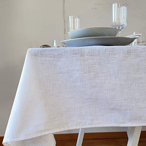 Farnberg Premium Tischdecke aus Leinen - Stofftischdecke für Küchentisch, Esstisch - Fleckschutz Tischtuch - Leinentischdecke - (135 x 300 cm) - (Uni-weiß)