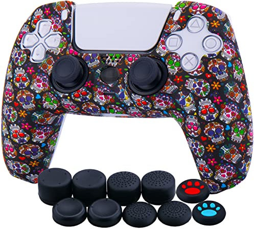 YoRHa Silicona Espesar Impresión Funda Piel Carcasas Cubierta Compatible de PS5 Mando x 1 (Cráneos inventados II) con Agarres para el Pulgar x 10