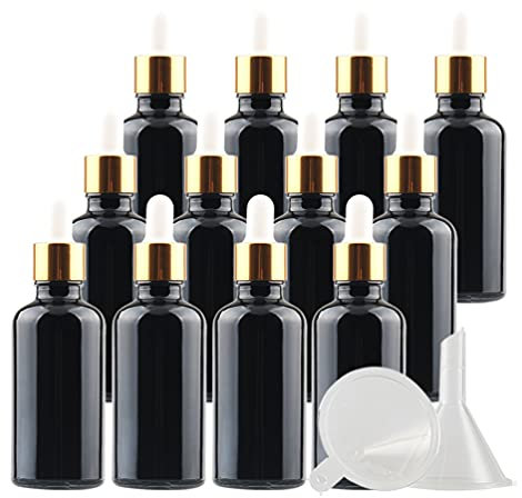 TIANZD 12 Pièces 50ml Flacons en Verre Noir avec Pipettes, 50 ml Bouteilles Compte-gouttes en Verre Vides avec Bouchon à Vis Or Pour Les Huiles Essentielles Aromathérapie