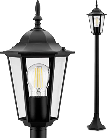 Lumiled Wegeleuchte Vintage Außenleuchte Außenstehleuchte 230V 1m Laterna Standlampe Aluminium Schwarz Glas Wasserdicht für alle E27 Leuchtmittel Ideal für Outdoor Garten Retro Gartenlampe