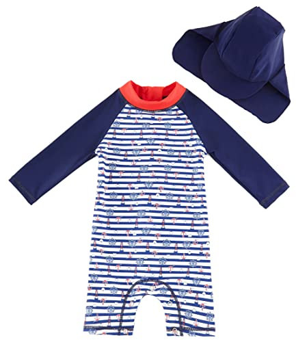 UMELOK Baby Jungen Badeanzug UV Schutz 50+ Einteilige Schwimmanzug Mit Sonnenhut (Blau Leuchttürme, 2-3 Jahre/92-98 cm)