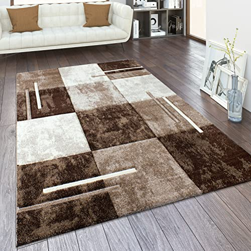 Paco Home Teppich Wohnzimmer Kurzflor Schlafzimmer Moderne Vintage Optik Geometrisches Muster Kariert 3D Effekt Konturenschnitt, Grösse:60x110 cm, Farbe:Braun Beige