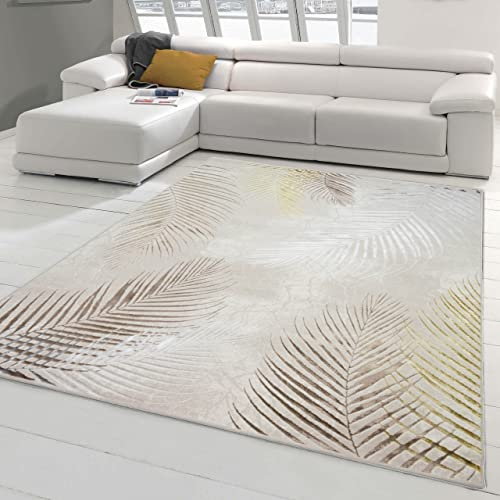Teppich-Traum Designer Teppich Flur Wohn- & Schlafzimmer Palmenzweige Creme grau Gold Größe 160x230 cm