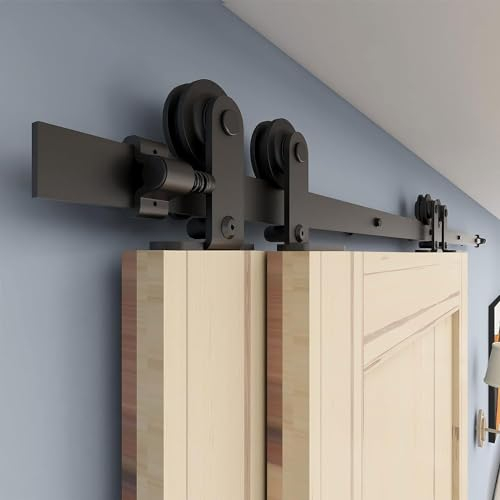 ETIASQSA 200CM/6.6FT Bypass Sliding Door Track Barn Door Hardware Kit Closet Rail Roller Accessory T Shape Hanger