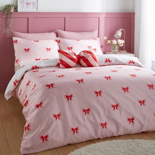 Sassy B Dotty Bows Soft Microfibre Reversible King Duvet Cover Set with Pillowcases Pink