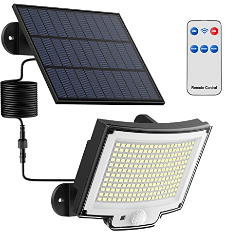 Topabol 228 Luz Solar Exterior con Sensor de Movimiento【228LED/3 Modo】, con Mando a Distancia, LED Solar Exterior Potente con un Cable de Extensión de 5M, Luces de Seguridad para el Jardín