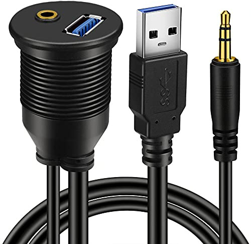 BATIGE Câble encastré USB 3.0 et 3,5 mm pour montage de voiture 3,5 mm + rallonge AUX USB 3.0 pour tableau de bord étanche pour voiture, bateau et moto 0,3 m