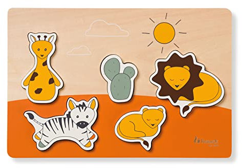 hauck Greifpuzzle für Kleinkinder Puzzle N Fit Steckpuzzle ab 1 Jahr aus FSC® zertifizertem Holz, Holzpuzzle mit Tierformen, Trainiert Feinmotorik & Auge-Hand-Koordination (Safari)