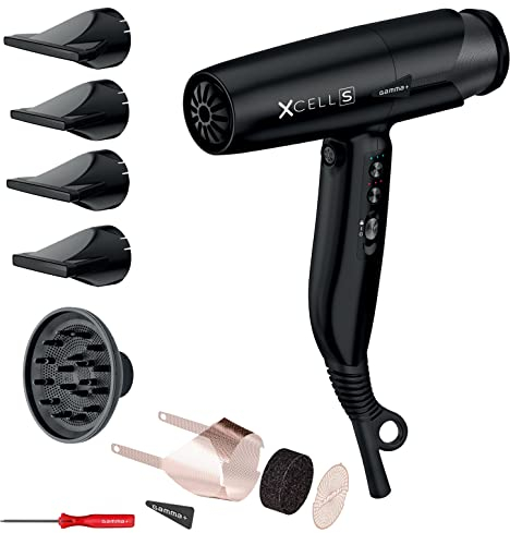 GAMMA+ XCELL S Ionic Haartrockner, 290 g Ultraleichter Haartrockner mit bakterientötender Wirkung, Leise, Smart Memory, LED-Schnittstelle, Selbstreinigende Technologie (SCHUKO-Stecker, Mattes Schwarz)