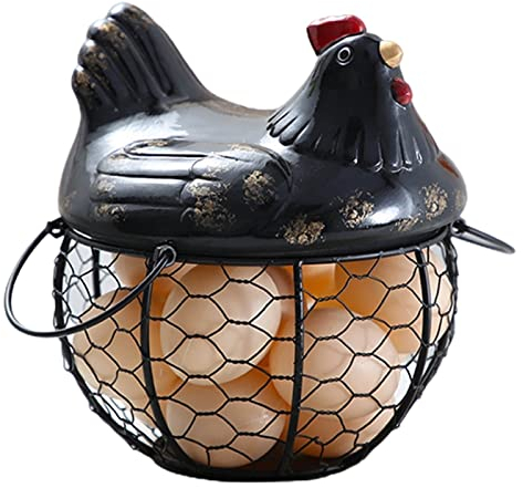 Egg Basket Egg Holder Iron Chicken Shape Ceramic Hen Ornament Fruit Storage Basket Durable (Black)