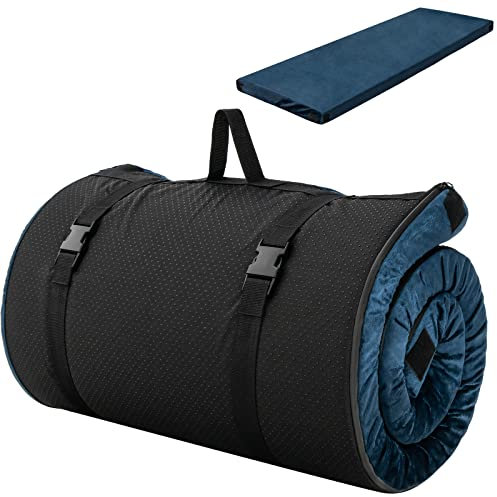 GOPLUS Roll Up Memory Foam Schlafmatte, Tragbare Reise-Auto-Campingmatratze mit Tragetasche, wasserdichter und Abnehmbarer Bezug, Faltbare Einzelgästebettbodenmatte für Übernachtungen (Blau)