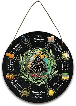 NBEADS Rad des Jahres Holzschild 11,8 Zoll, Wicca Kalender Yule Altar mit Knotenmuster Hexen Runen Sabbats Heidnisches Schild für Vintage Handgemachte Weihnachtsschild Dekor
