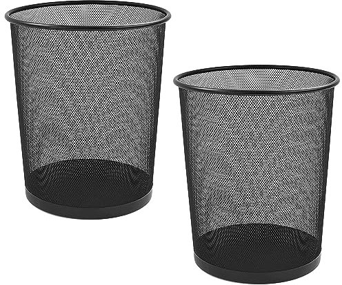 KAV Twin Pack 2 x Black Metal Mesh Wastebasket Paper Bin - Round Trash Lightweight Circular Rubbish Can for Kitchen, Bathroom, Bedroom, Dormitory, Office - Size 27x23.5x23.5 cm