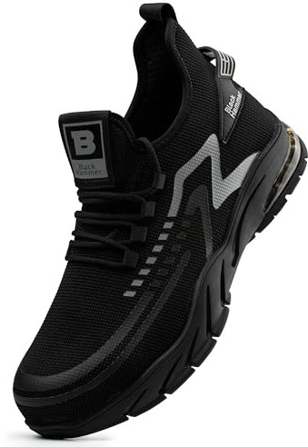 Black Hammer Men's Steel Toe Cap Safety Trainers Lightweight Durable Work Shoes with Midsole Protection Rubber Outsole for Professional Warehouse and Utility Use Trekking Hiker S1P SRC 2200 (9 UK)