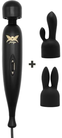 Pixey Wand-Vibrator Turbo All-in-One - sehr starker Auflege-Vibrator, stufenlose Geschwindigkeit, mit Netzkabel und 2 Aufsätzen, (Black-Edition, schwarz)