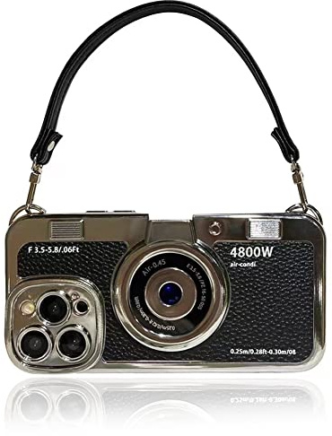 QoKcoahn 3D Vintage Camera Phone Case with Hand Strap - Unique Cool Silicone PC Shockproof Crossbody Protective Case for iPhone 15 Pro Max-Black