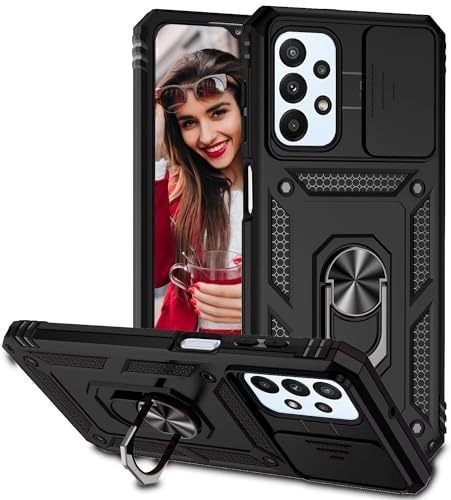 POUHYE Handyhülle für Samsung Galaxy A32 5G Hülle, [Slide Camera] Hybrid Militärqualität Stoßfest Bumper Outdoor Handyhülle mit 360° Drehbarer Metall Ring Ständer Schutzhülle Case Schwarz