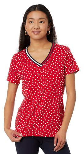 Tommy Hilfiger Camiseta de Manga Corta con Cuello en V para Mujer, Escarlata Multi, M
