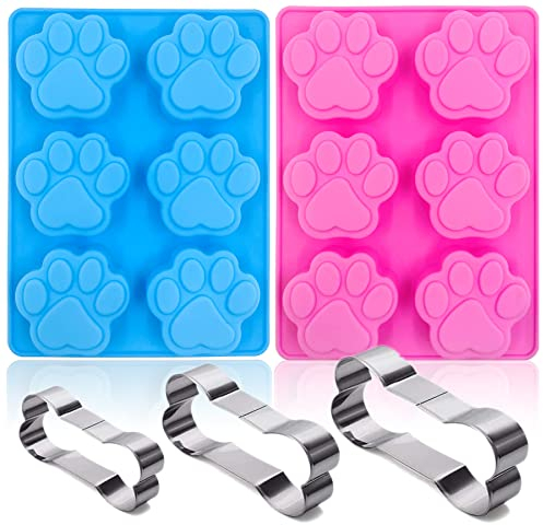 Set of 5, 2 Packs Silicone Molds Puppy Dog Pawand 3 Packs Stainless Steel Bone Cookie Cutter,for Homemade Treats and Cat Dog Animal Paw Ice Candy Dog Treats, Cake Baking Mold (Blue Pink)