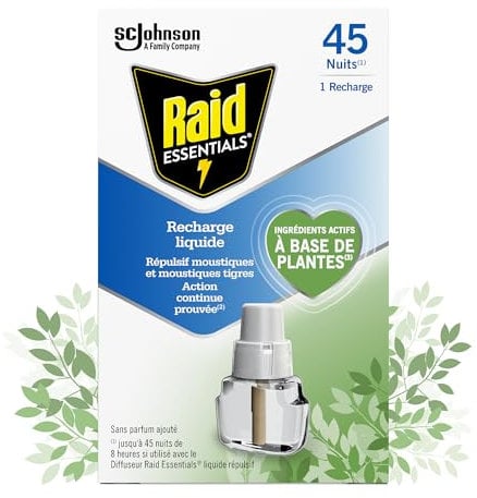 Raid Essentials Recharge Diffuseur Électrique Liquide - Répulsif Moustiques et Moustiques Tigres 45 Nuits - Sans Parfum Ajouté - 1 Recharge