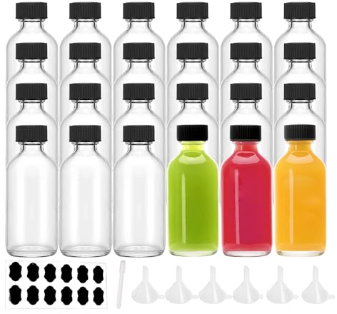 YBCPACK 24 Pack 60ml Glass Shot Bottles with Lids, Small Ginger Bottles for Juice, Essential Oil, Clear Miniature Alcohol Bottle Refillable with 8 Mini Funnels, 12 Chalk Labels and 1 Pen
