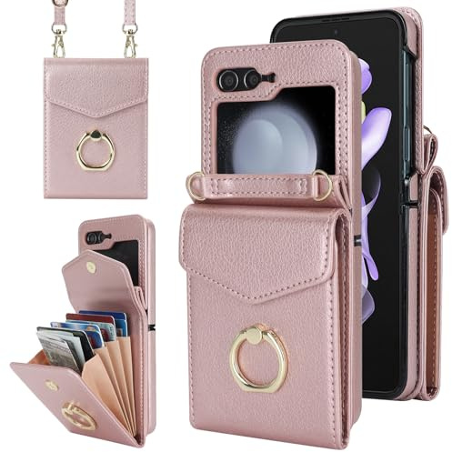 SINQERISHT Handykette Handyhülle für Samsung Galaxy Z Flip 5 5G 2023 Wallet Hülle PU Leder Case mit Kartenfach, Brieftasche mit 360° Ring Ständer Klapphülle Magnetverschluss Cover(Roségold)