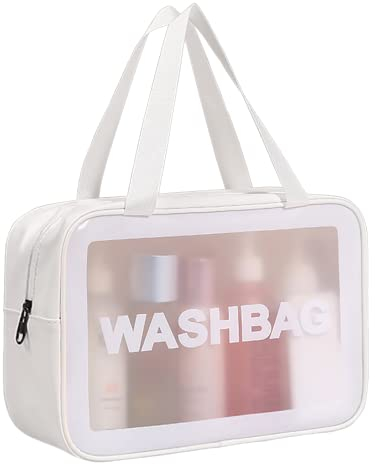 SZDPC Groß Kulturbeutel Damen & Herren, Reise Kulturtasche mit Tragegriff, matt durchscheinende Duschtasche (White-L)