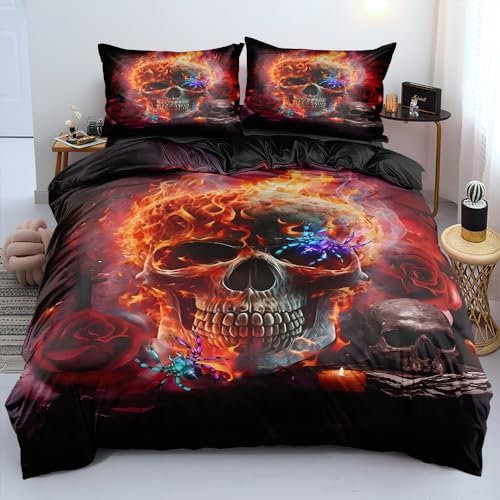 Holiyjog Burning Skull and Red Roses King Size Duvet Cover Set Flowers Comforter-Cover and Pillowcases Black Background Burning Gothic and Florals Print Bedding Set Bedroom Decor