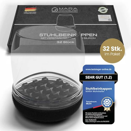 MARA WOHNHELFER® 32x Stuhlbeinkappen rund – Größe L (25–32 mm) – transparente Schutzkappen aus TPE mit 360° verstärktem Filz – Filzgleiter für Stühle – Bodenschutz & leises Gleiten