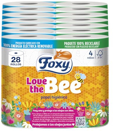 Foxy Love the Bee - Papier toilette 3 couches - 28 rouleaux - 167 rouleaux - Certifié FSC - 100% d'énergie électrique renouvelable - Emballage recyclable fabriqué à partir de plastique recyclé