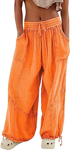Skang Sommerhose Damen Leicht und Luftig mit Elastischem Bund Casual Lose Trousers Freizeithose mit Taschen Frauen Hosen Hippie Haremshosen High Waist Stoffhose Pumphose Einfarbig Locker Yoga Pants